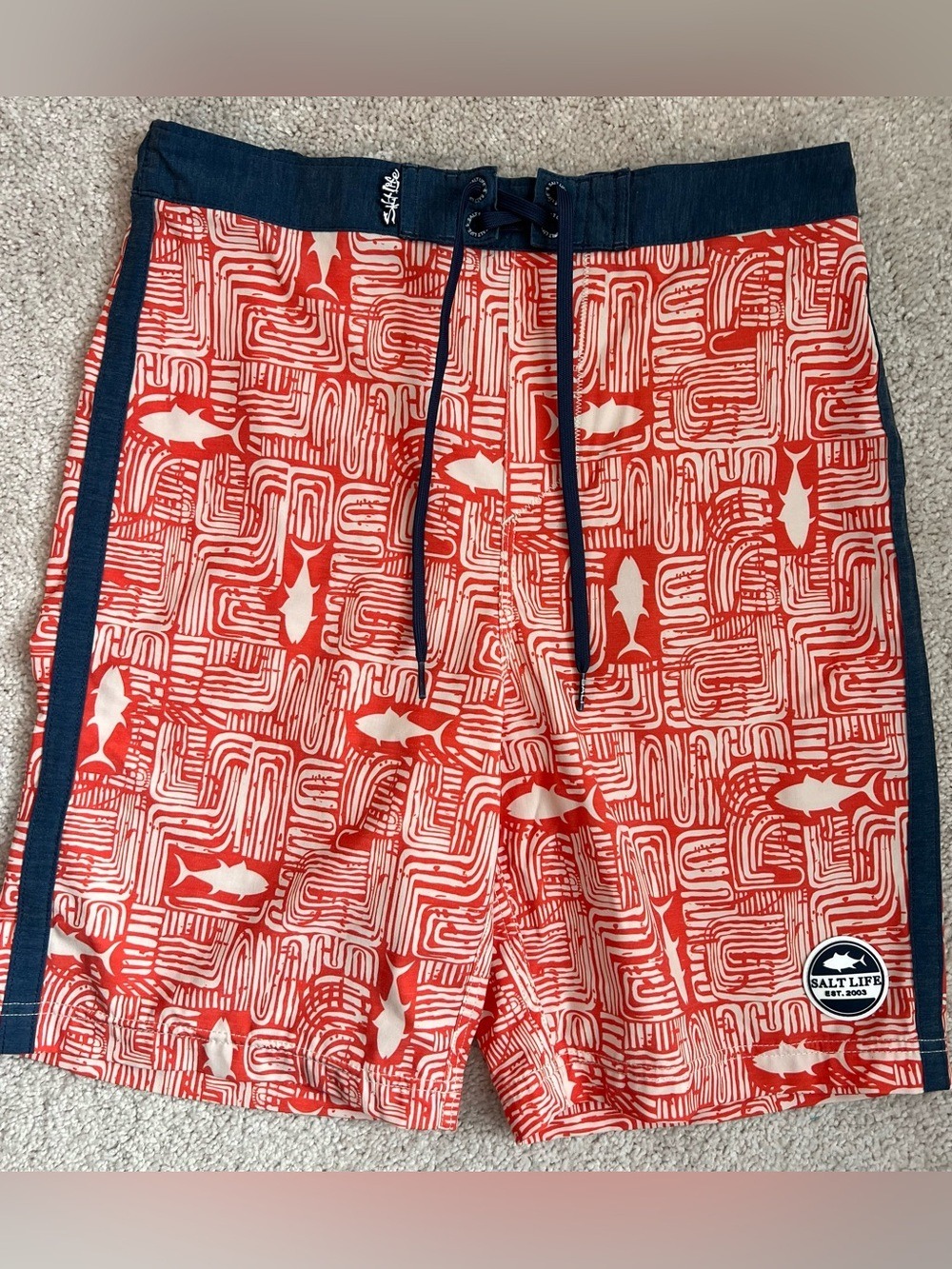 Salt Life Boys Orange & Navy Tiki Tuna Pattern Board Shorts